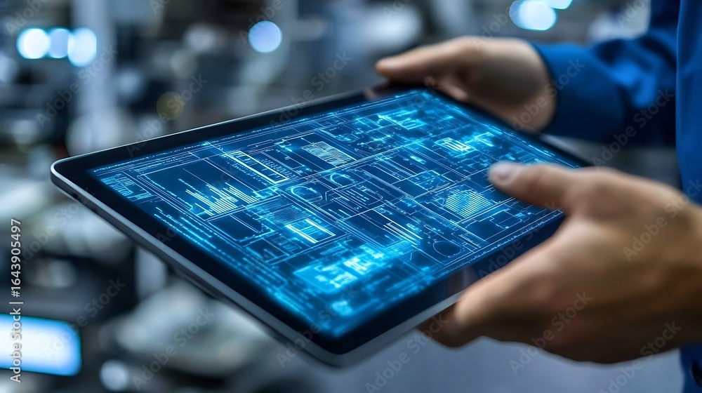 Poster person holding a tablet displaying a blue digital interface with graphs and schematic diagrams in a 