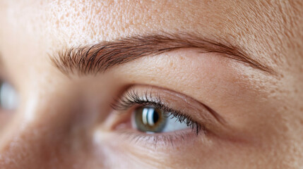 Close-up view of a human eye and eyebrow.