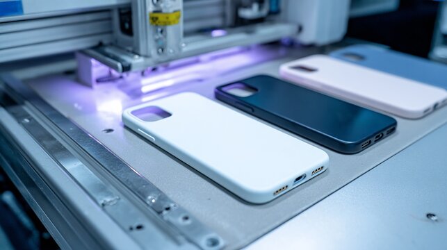 Phone cases printing UV light process in a manufacturing plant.