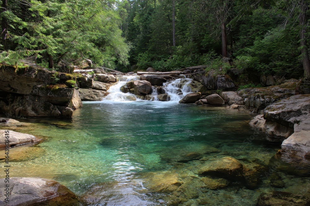 Poster cascading waterfall flows into a serene pool surrounded by lush greenery in a tranquil forest settin
