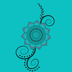 Intricate floral henna design with swirls on teal background