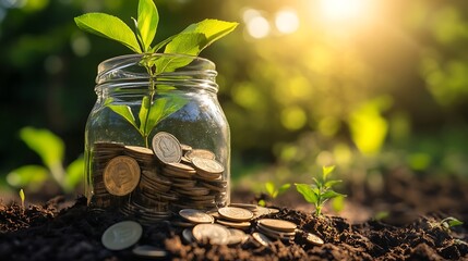 A glass jar filled with coins and a plant growing out of it on soil with sun shining in the background