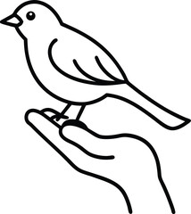 A hand gently holding a small bird line art illustration