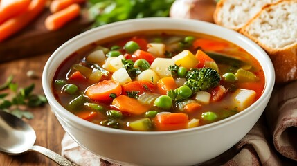 A bowl of vegetable soup with carrots peas and broccoli served with bread on a wooden table top view
