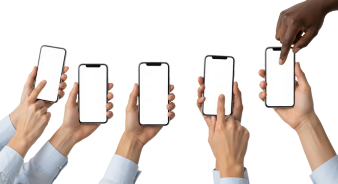 Four diverse hands (light, olive, dark, medium skin) of varying ages, holding sleek smartphones with blank white screens, performing tap, pinch, swipe, double-tap gestures on a transparent shadowless