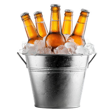 Metal bucket cooling fresh beer bottles with ice cubes on transparent background