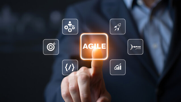 Business professional touching glowing agile interface with icons technology - Powered by Adobe