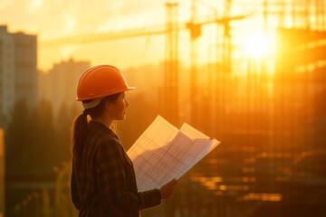 Female Engineer Reviewing Blueprints at Construction Site During Golden Hour Sunset