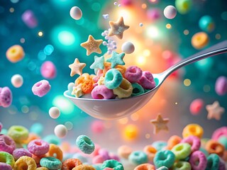 A spoonful of colorful cereal loops and stars floating in the air with a vibrant and playful background