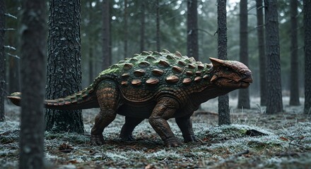 Ankylosaurus walking through a dense forest with tall trees and a ground covered in light snow dust