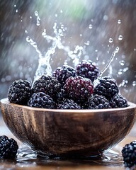 Delicious Blackberries in a Vintage Wooden Bowl with Water Splashing Effect Blurred Setting, Generative AI.