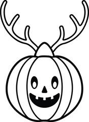 Pumpkin wearing reindeer antlers line art illustration
