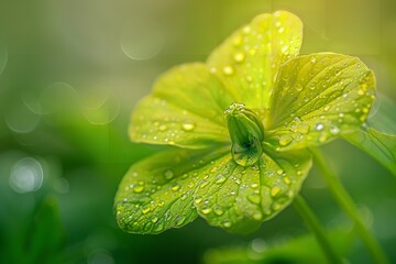 In-depth of Green Flower Petal with Drip of Water Captured in the Morning on Softly Blurred Scenery, Generative AI.