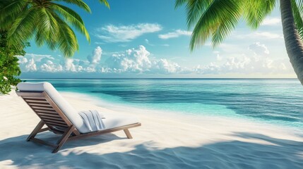 Obraz premium Relaxing beach scene with a lounge chair on a pristine shoreline under a clear blue sky