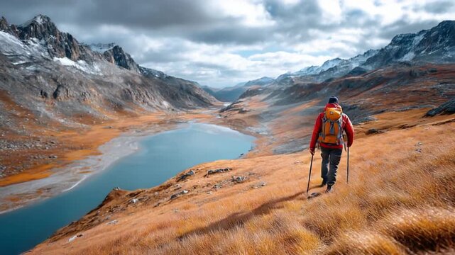 Alpine Explorer: A lone figure treks across a breathtaking alpine landscape, the snow-capped peaks of the mountains providing a stunning backdrop. The explorer's journey evokes a sense of adventure.