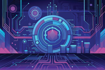 Blue digital circuit board with electronic components forming a technological background