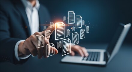 Businessman interacting with digital documents and data visualization on a futuristic interface