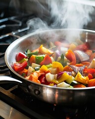 On a Commercial Kitchen, Boiling Veggies on a Stainless-Steel Pan with Rising Mist and Vibrant Hues, Generative AI.