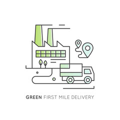 Eco-friendly first and last mile delivery icons with green electric trucks, factory, warehouse, CO2 neutral, location pins, supply chain, food logistics, minimal style, sustainable transport concept