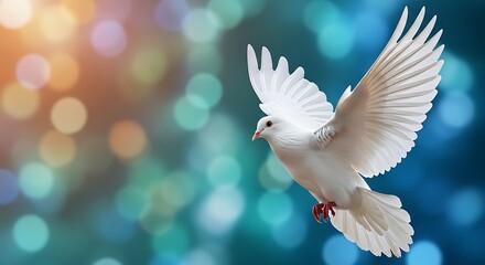 A white dove soars through a bokeh filled sky symbolizing peace and hope