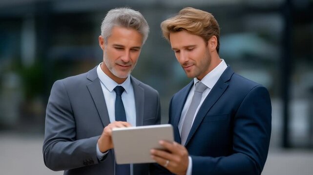 Supervisor offering feedback on tablet to an agent in office