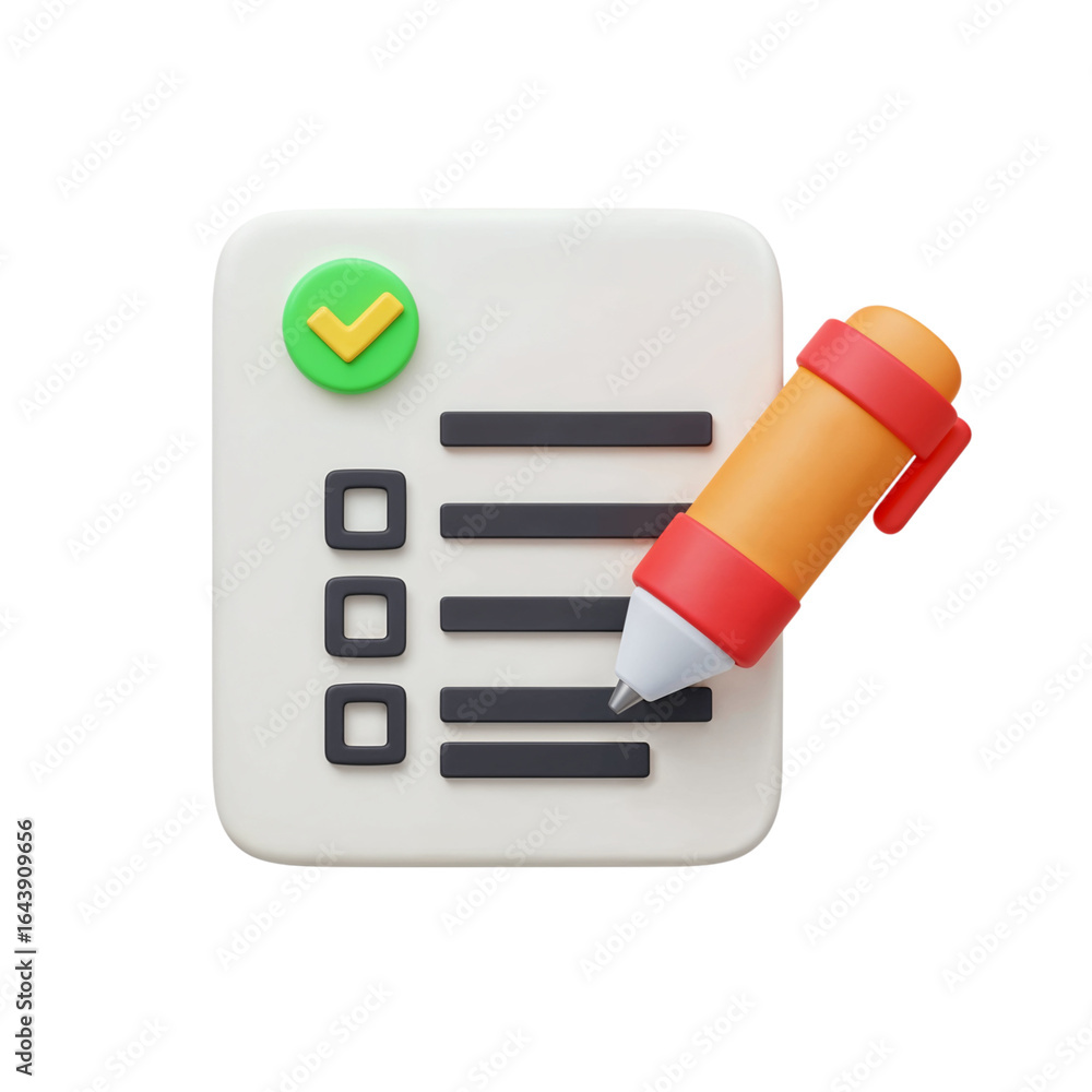 Poster 3d rendered checklist with a green checkmark and a marker pen completing a task isolated on transpar