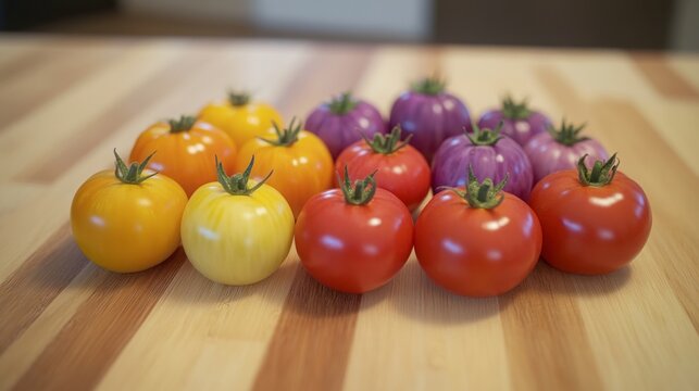 Colorful tomatoes displayed on wooden kitchen countertop create a vibrant and fresh atmosphere for culinary inspiration