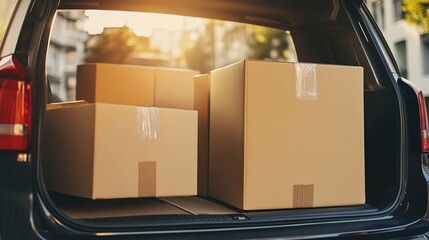 Rear Shot of a Shipping Van Popped Trunk Containing Cardboard Cartons, Generative AI.