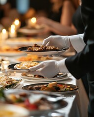Premium Catering Facility Concept, a Waiter in Uniform Brings Dishes at Dinner Gathering Event, Generative AI.