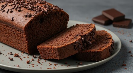 A chocolate loaf cake with chocolate chips on a plate with slices and chocolate bars nearby, bolo de chocolate