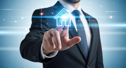 Businessman in a suit touching a glowing digital house icon on a futuristic blue background
