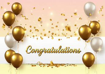 Festive Congratulations Background with Gold and Silver Balloons, Pastel Pink and Yellow Gradients, and Confetti