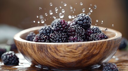 Delicious Blackberries in a Vintage Wooden Bowl with Water Splashing Effect Blurred Setting, Generative AI.