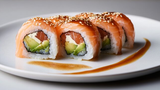 Fresh sushi rolls with salmon, avocado, and cream cheese elegantly arranged on a pristine white plate