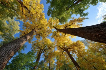 Tall trees stretch upwards their yellow and green leaves filling the sky under a clear blue background