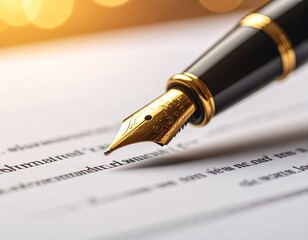 Elegant Gold Fountain Pen Writing on Lined Paper, Close-Up Macro Shot