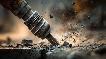 Powerful Jackhammer Breaking Concrete in Construction Site with Dust Explosion