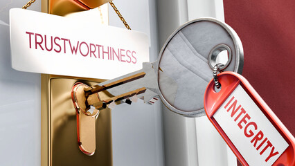 Integrity leads to Trustworthiness - it's a key to unlock trustworthiness. A door key metaphor ,3d illustration