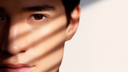 Portrait of a young man with captivating features. The shadows create dramatic lines across his face. This image reflects a modern and artistic photography style. AI