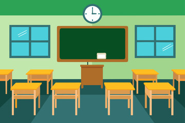 Empty Classroom With Rows Of Desks