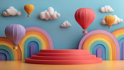 Fototapeta premium Pastel-colored hot air balloons float above a three-tiered red platform set against a whimsical rainbow and cloud backdrop