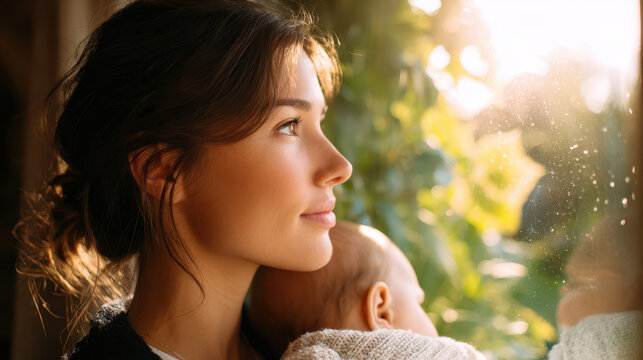 Woman gazing thoughtfully out the window while holding her baby, illuminated by soft natural light filtering through greenery