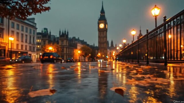 Rainy Night in London Cityscape with Big Ben