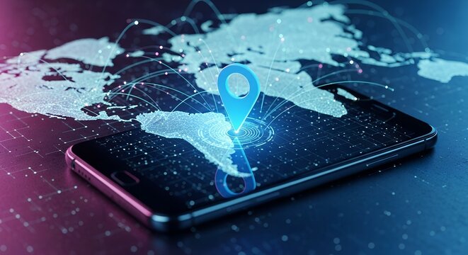 Global navigation concept with glowing map on smartphone and location pin over south america
