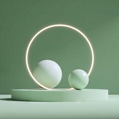 Two pale spheres sit on a pale green platform encircled by a glowing ring against a sage green backdrop