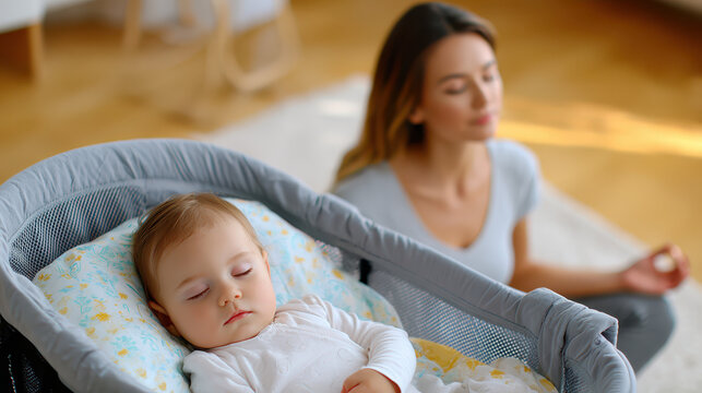 Mother meditating near peacefully sleeping baby in a modern nursery with warm wooden floor and soft lighting