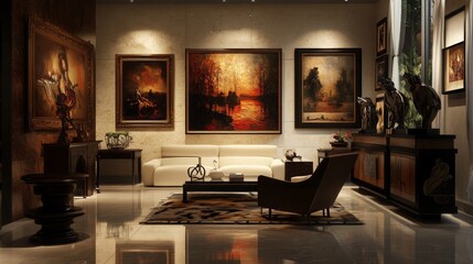 Elegant modern living room with art pieces and warm lighting in a contemporary setting