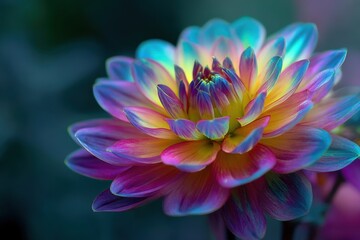 Colorful dahlia flower blooming in a garden under soft sunlight during the early morning hours