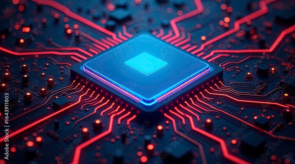 Poster advanced electronic circuit board with a central microchip, glowing red trace and futuristic lightin