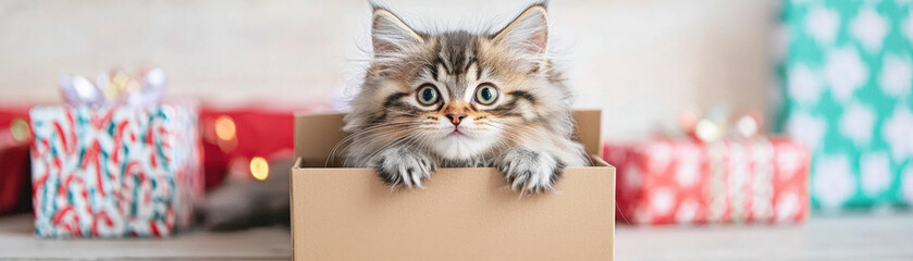 fluffy Persian kitten peeking out of box surrounded by colorful gift boxes